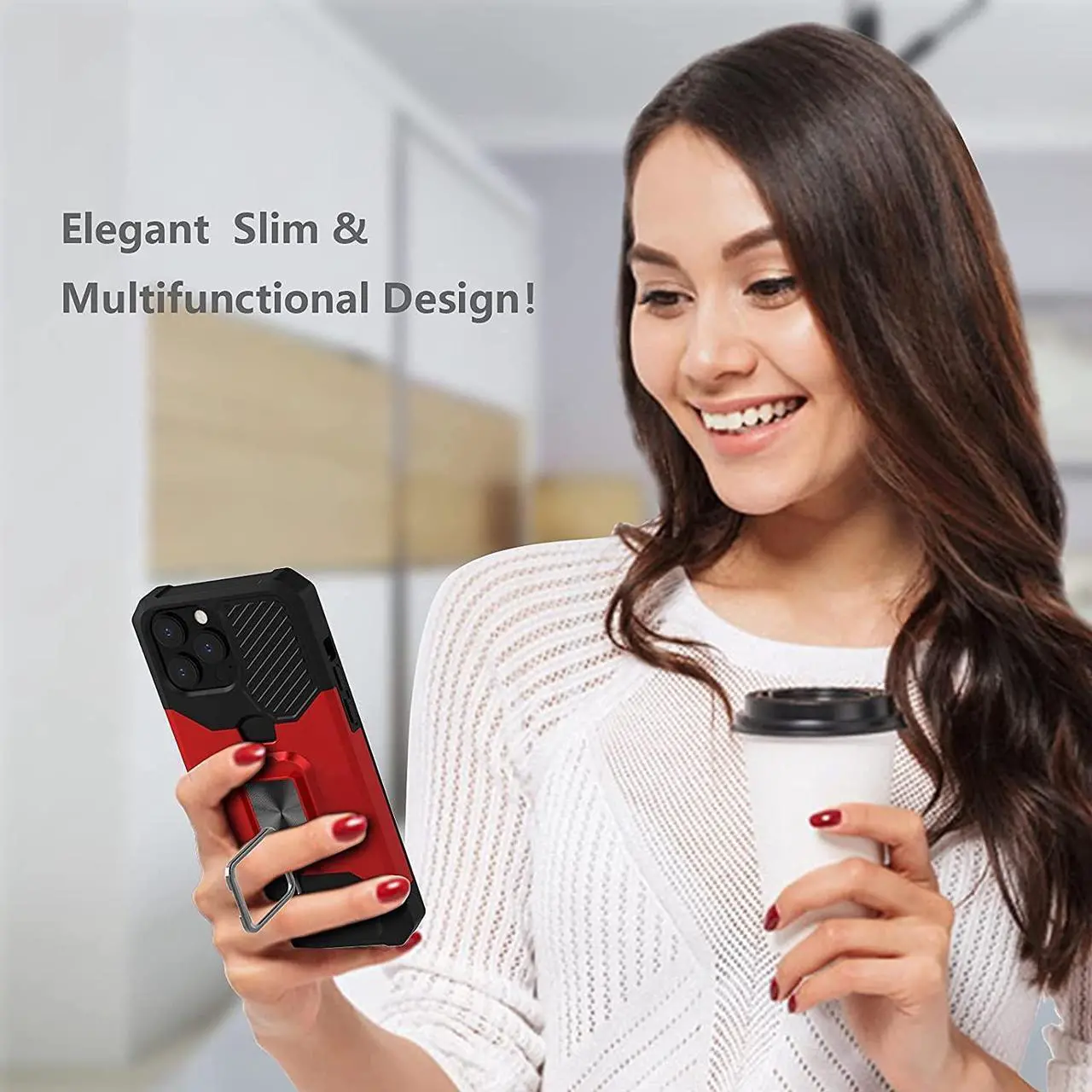 Alt view image 7 of 7 - Military Grade All-In-One Ring Stand Card Case for iPhone 13 Pro Max - Red
