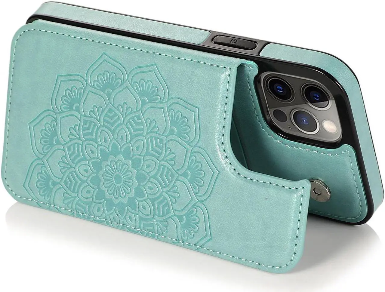 Alt view image 5 of 6 - Stow Wallet Leather Hybrid Case for iPhone 14 Pro Max - Mandala Teal