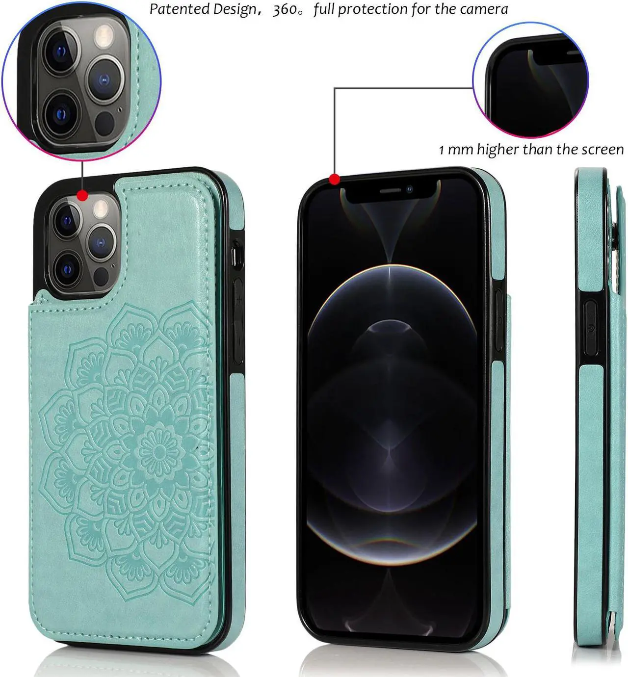 Alt view image 2 of 6 - Stow Wallet Leather Hybrid Case for iPhone 14 Pro Max - Mandala Teal