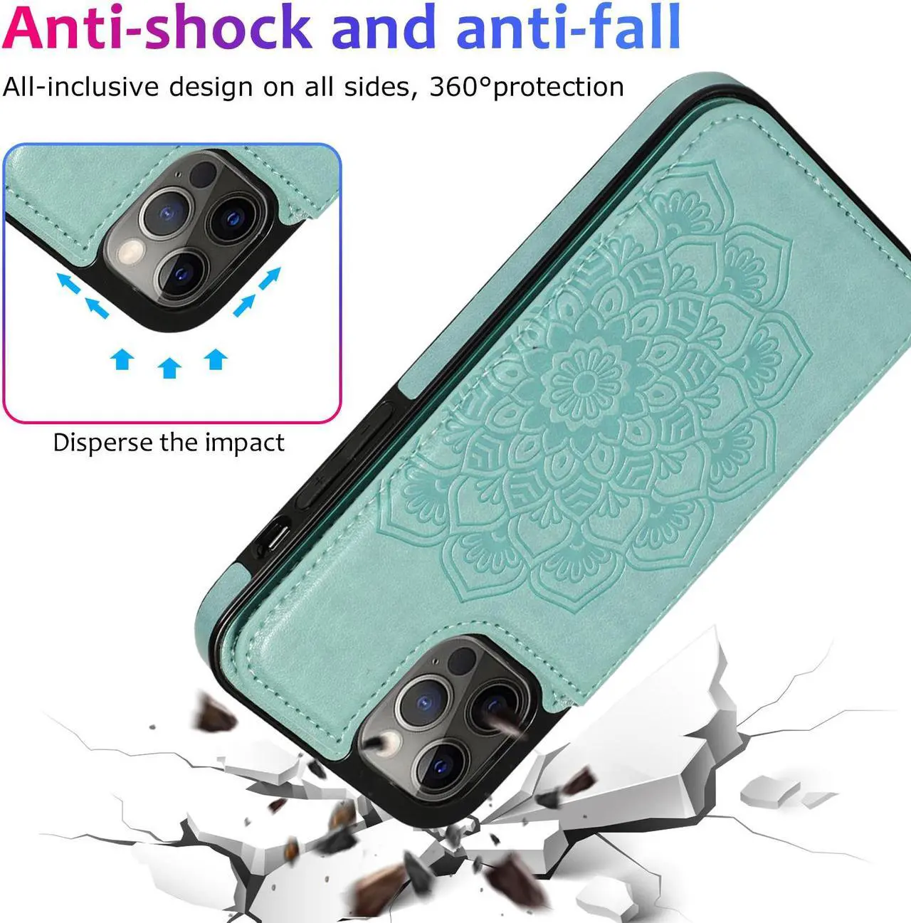 Alt view image 3 of 6 - Stow Wallet Leather Hybrid Case for iPhone 14 Pro Max - Mandala Teal