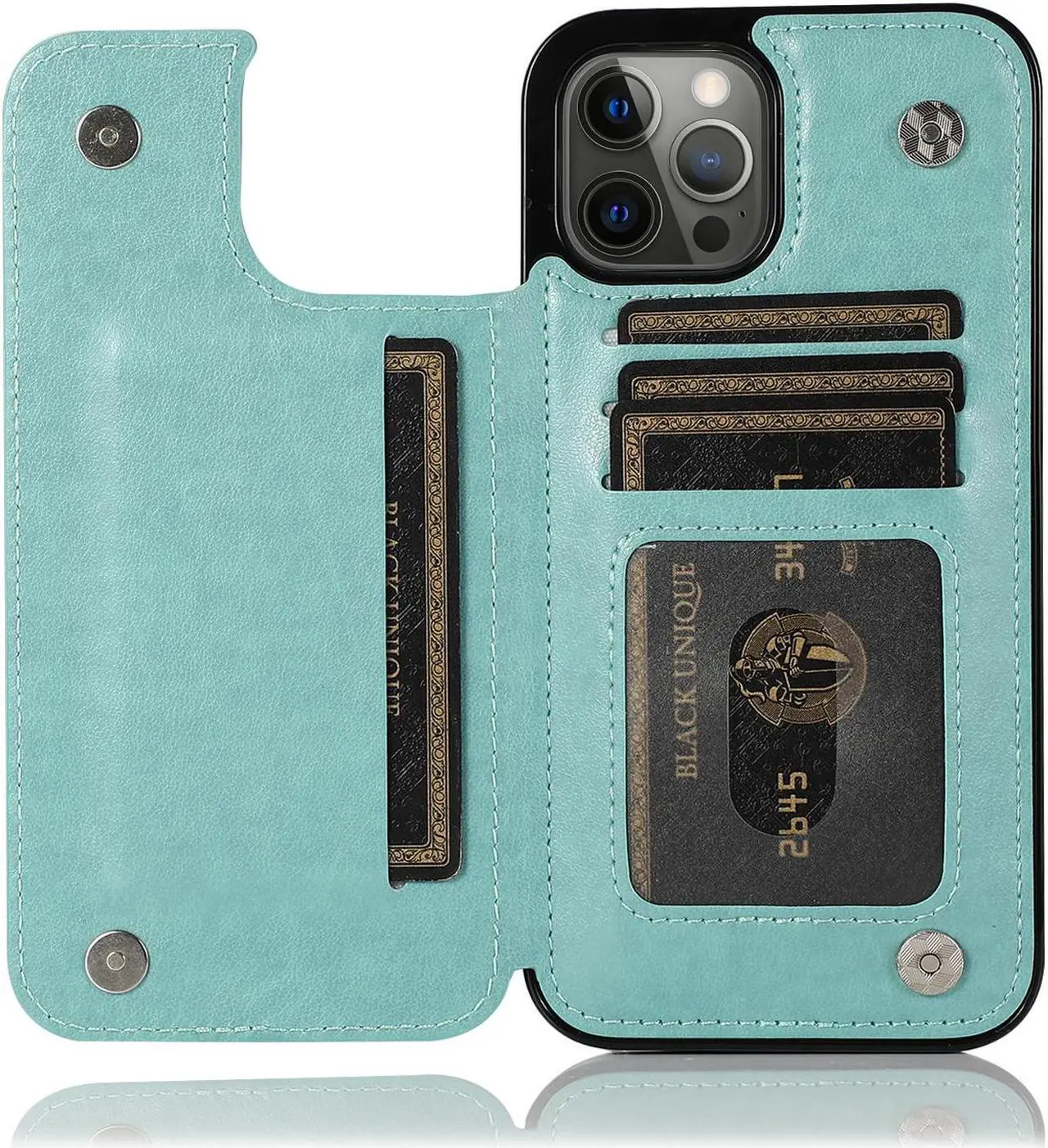 Alt view image 4 of 6 - Stow Wallet Leather Hybrid Case for iPhone 14 Pro Max - Mandala Teal