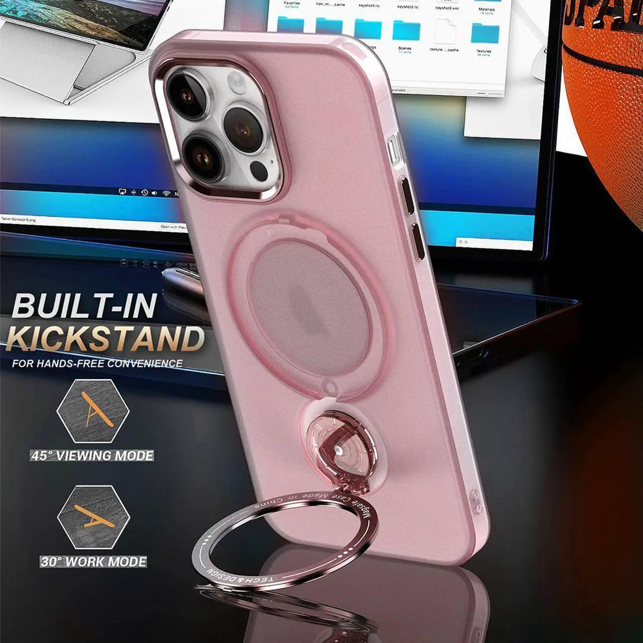Alt view image 6 of 7 - MagSafe Compatible Candy Series Hybrid Case with Kickstand Ring Holder for iPhone 14 Pro Max - Pink