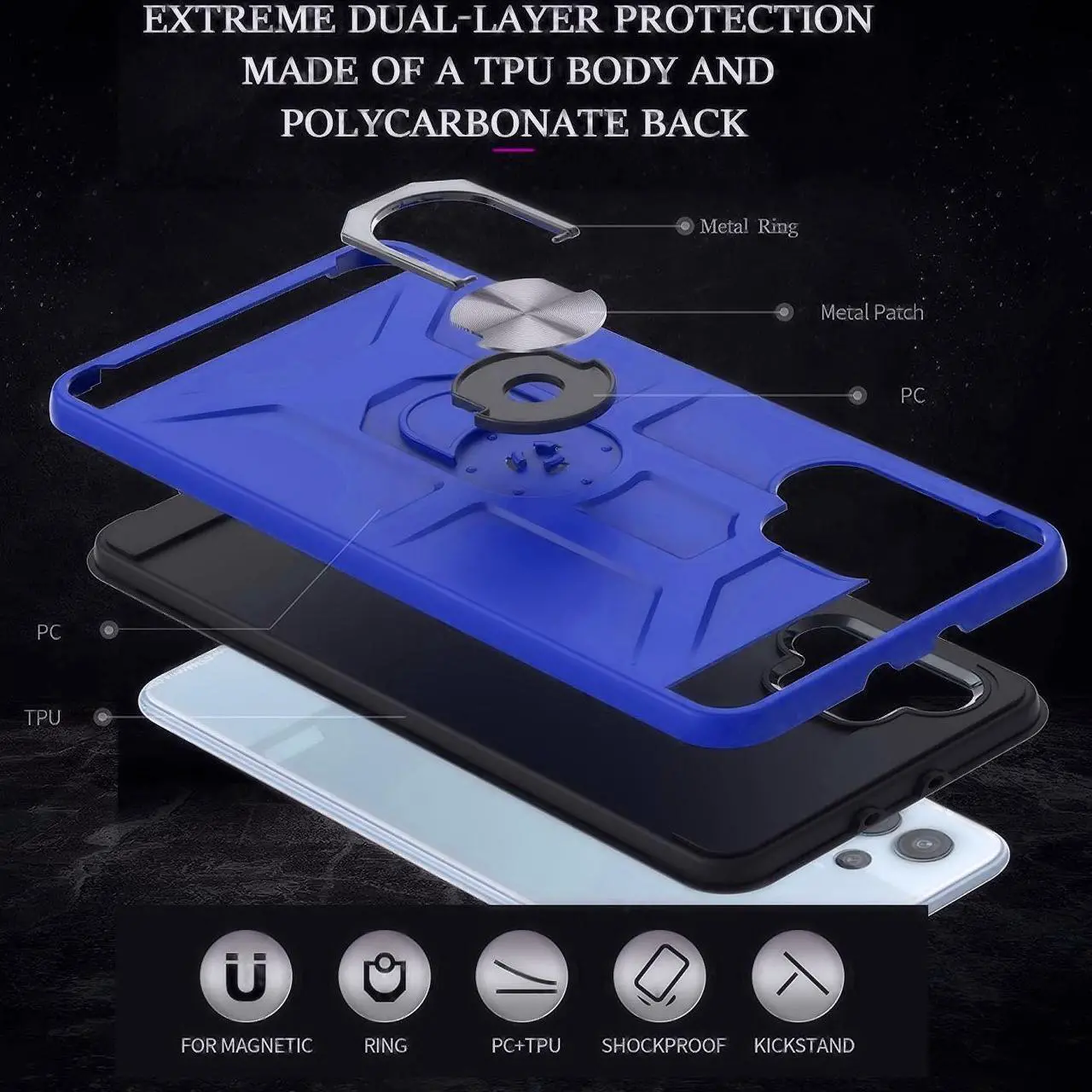 Alt view image 4 of 7 - Dynamic Dual Layer Hybrid Case with Ring Stent Finger Loop for Samsung Galaxy A32 5G - Blue