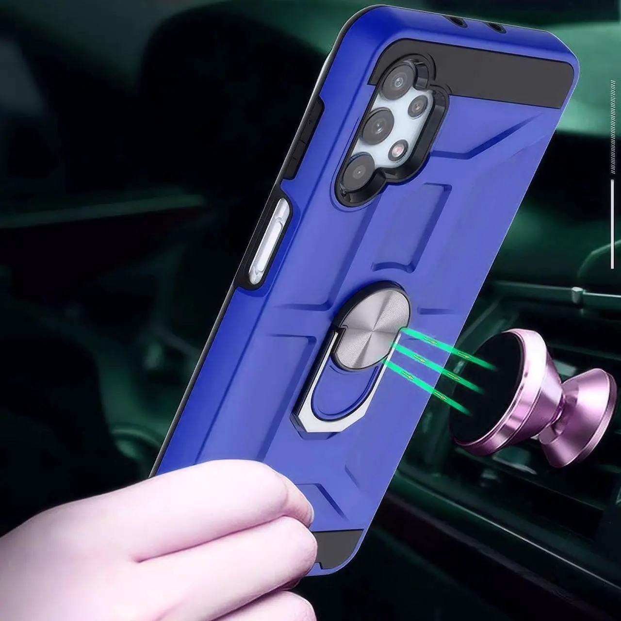 Alt view image 7 of 7 - Dynamic Dual Layer Hybrid Case with Ring Stent Finger Loop for Samsung Galaxy A32 5G - Blue