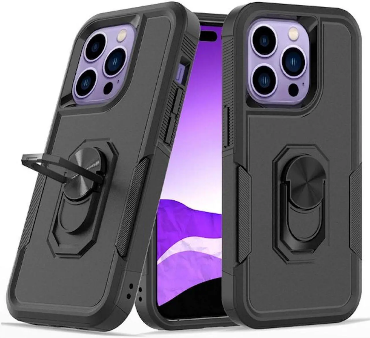 Main image of TUFF Shockproof Hybrid Armor Case with Ring Grip for iPhone 14 Pro - Black