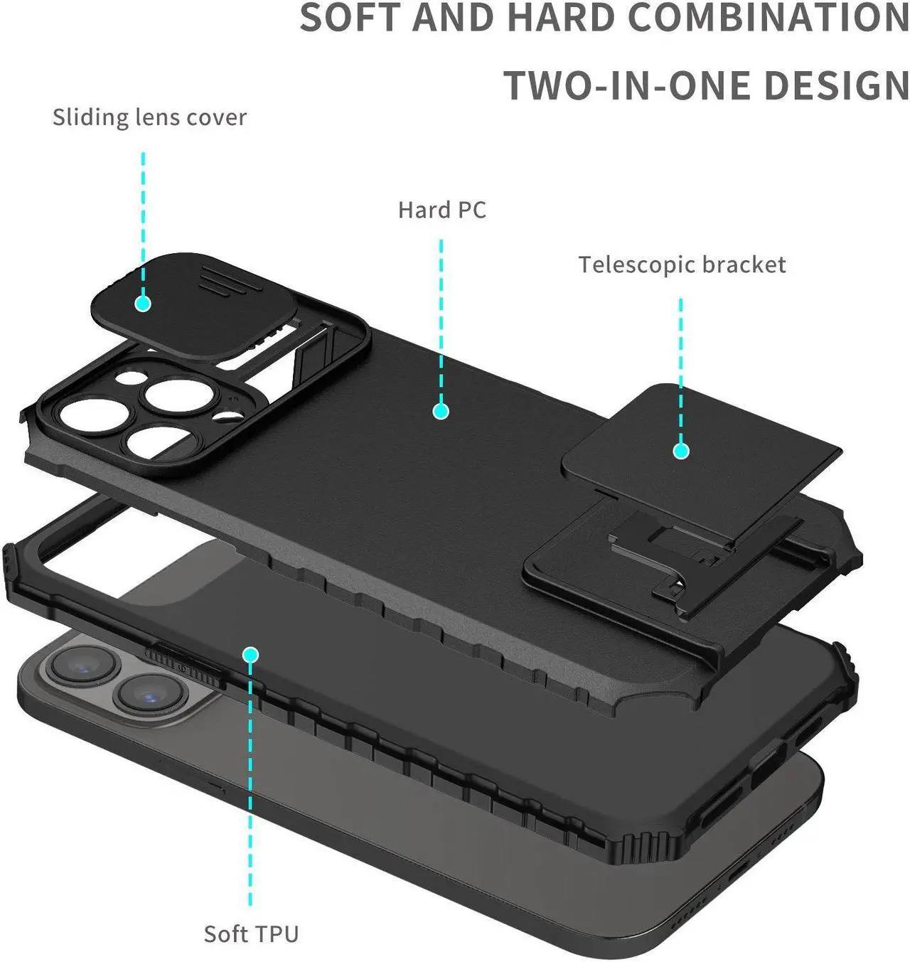 Alt view image 5 of 7 - Camera Privacy Cover Hybrid Case with Kickstand for iPhone 14 Pro - Black