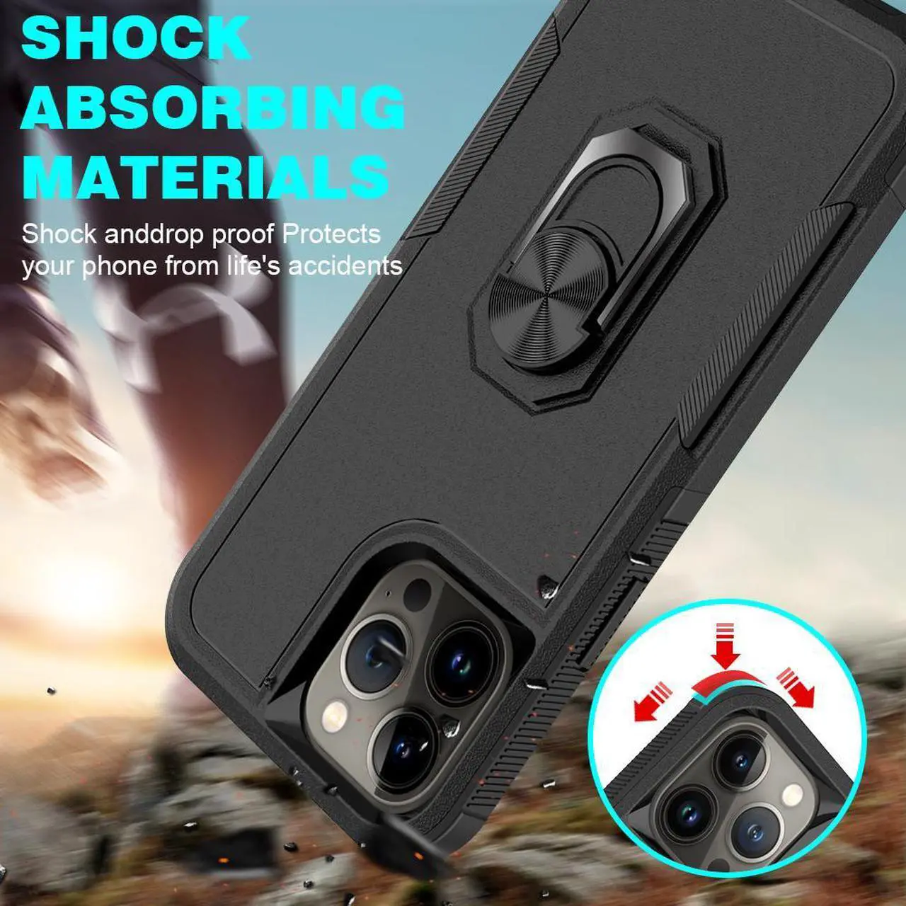 Alt view image 2 of 5 - TUFF Shockproof Hybrid Armor Case with Ring Grip for iPhone 14 Pro - Black