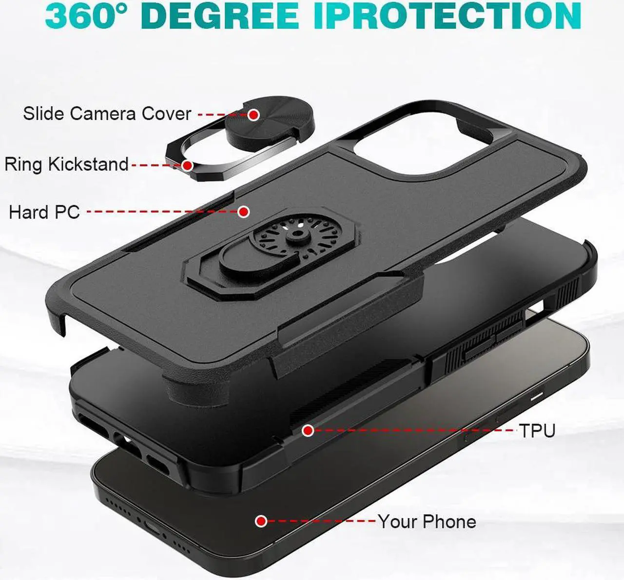 Alt view image 4 of 5 - TUFF Shockproof Hybrid Armor Case with Ring Grip for iPhone 14 Pro - Black