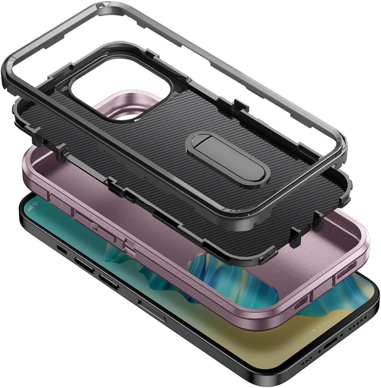 Alt view image 5 of 6 - Military Grade TUFF Hybrid Armor Case with Kickstand for iPhone 14 Pro - Burgundy