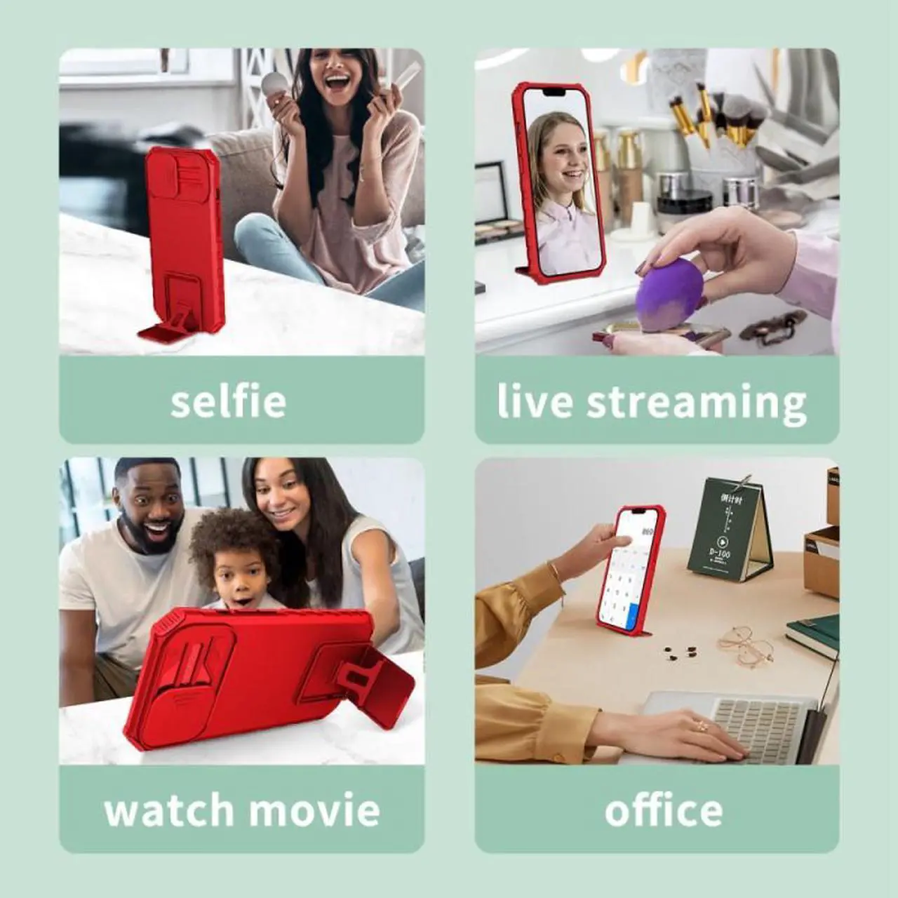 Alt view image 3 of 7 - Camera Privacy Cover Hybrid Case with Kickstand for iPhone 14 Pro - Red