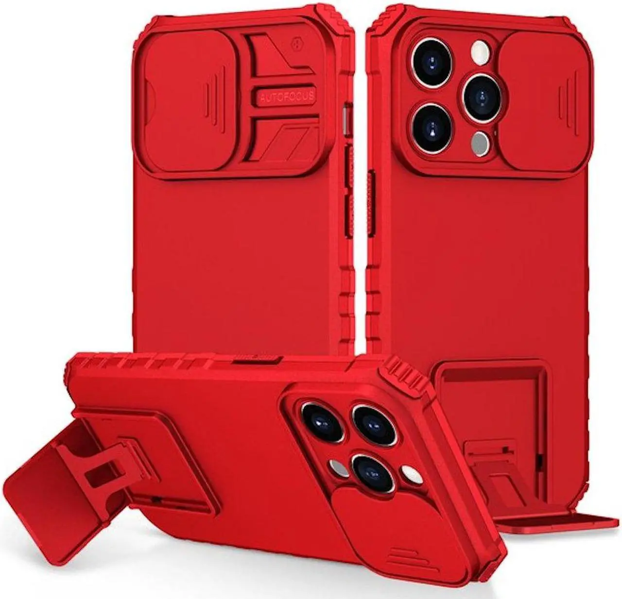Main image of Camera Privacy Cover Hybrid Case with Kickstand for iPhone 14 Pro - Red