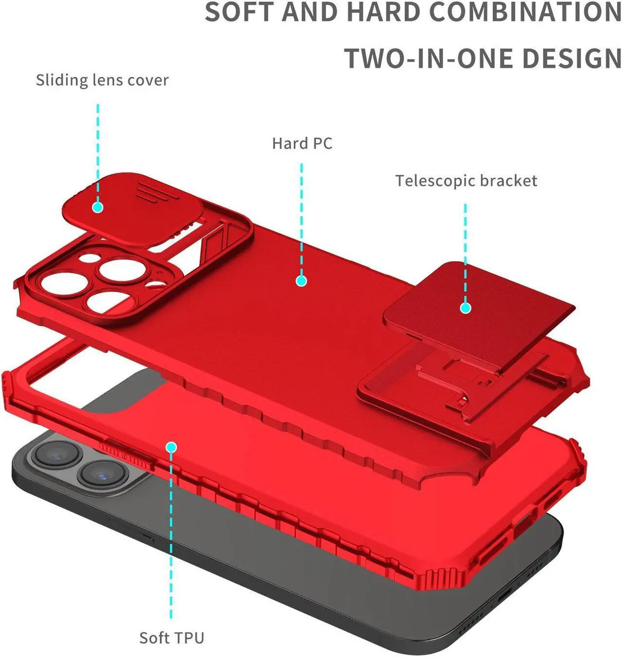 Alt view image 5 of 7 - Camera Privacy Cover Hybrid Case with Kickstand for iPhone 14 Pro - Red
