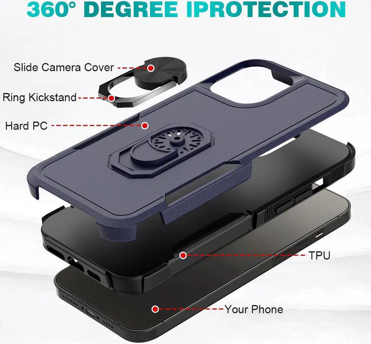 Alt view image 4 of 5 - TUFF Shockproof Hybrid Armor Case with Ring Grip for iPhone 14 Pro Max - Navy Blue