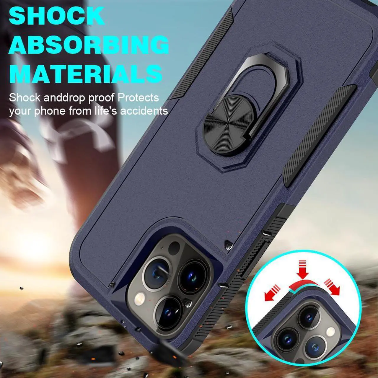 Alt view image 2 of 5 - TUFF Shockproof Hybrid Armor Case with Ring Grip for iPhone 14 Pro Max - Navy Blue
