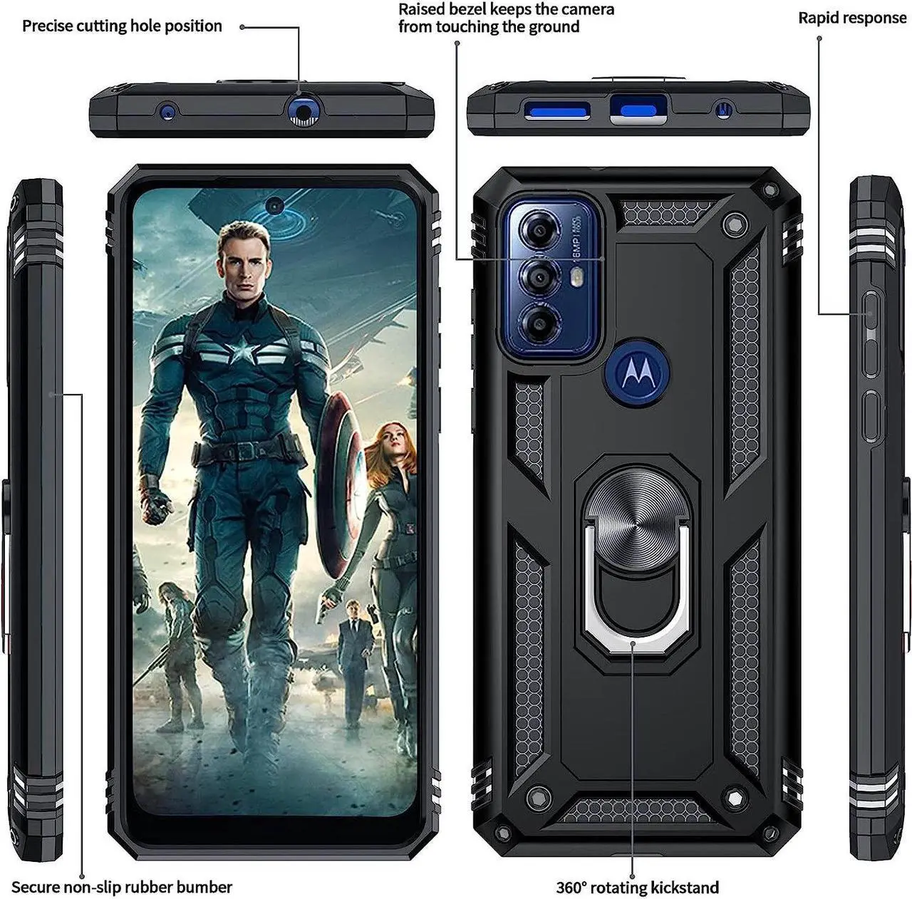 Alt view image 4 of 7 - Military Grade Hybrid Case with Ring Grip for Motorola Moto G Play 2023 - Black