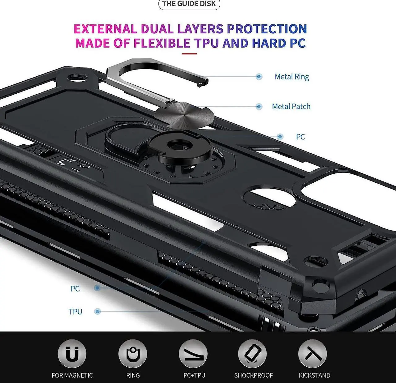 Alt view image 7 of 7 - Military Grade Hybrid Case with Ring Grip for Motorola Moto G Play 2023 - Black