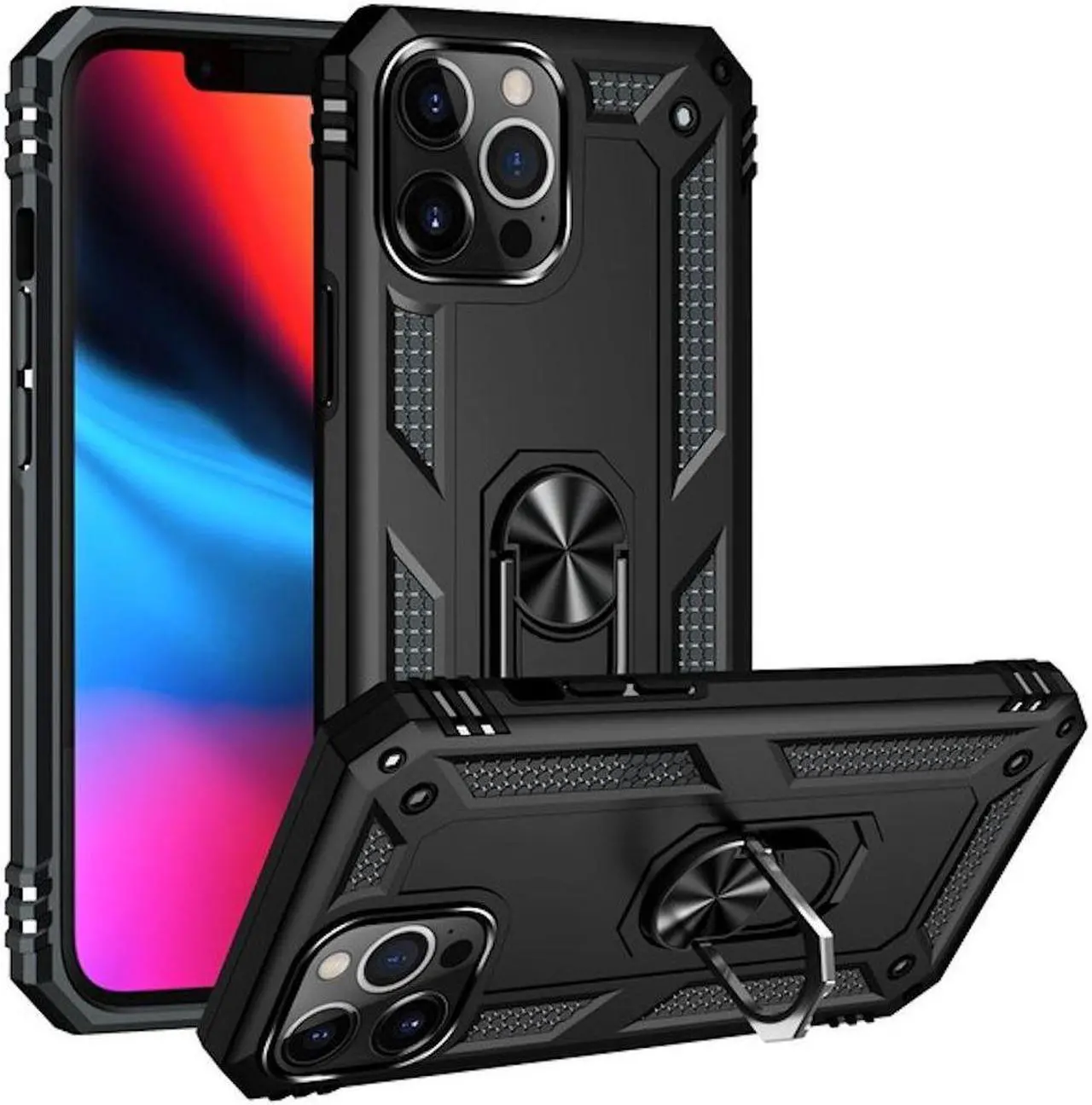 Alt view image 2 of 7 - Military Grade Finger Loop Case with 360° Rotating Ring Grip Kickstand for iPhone 14 Pro - Black