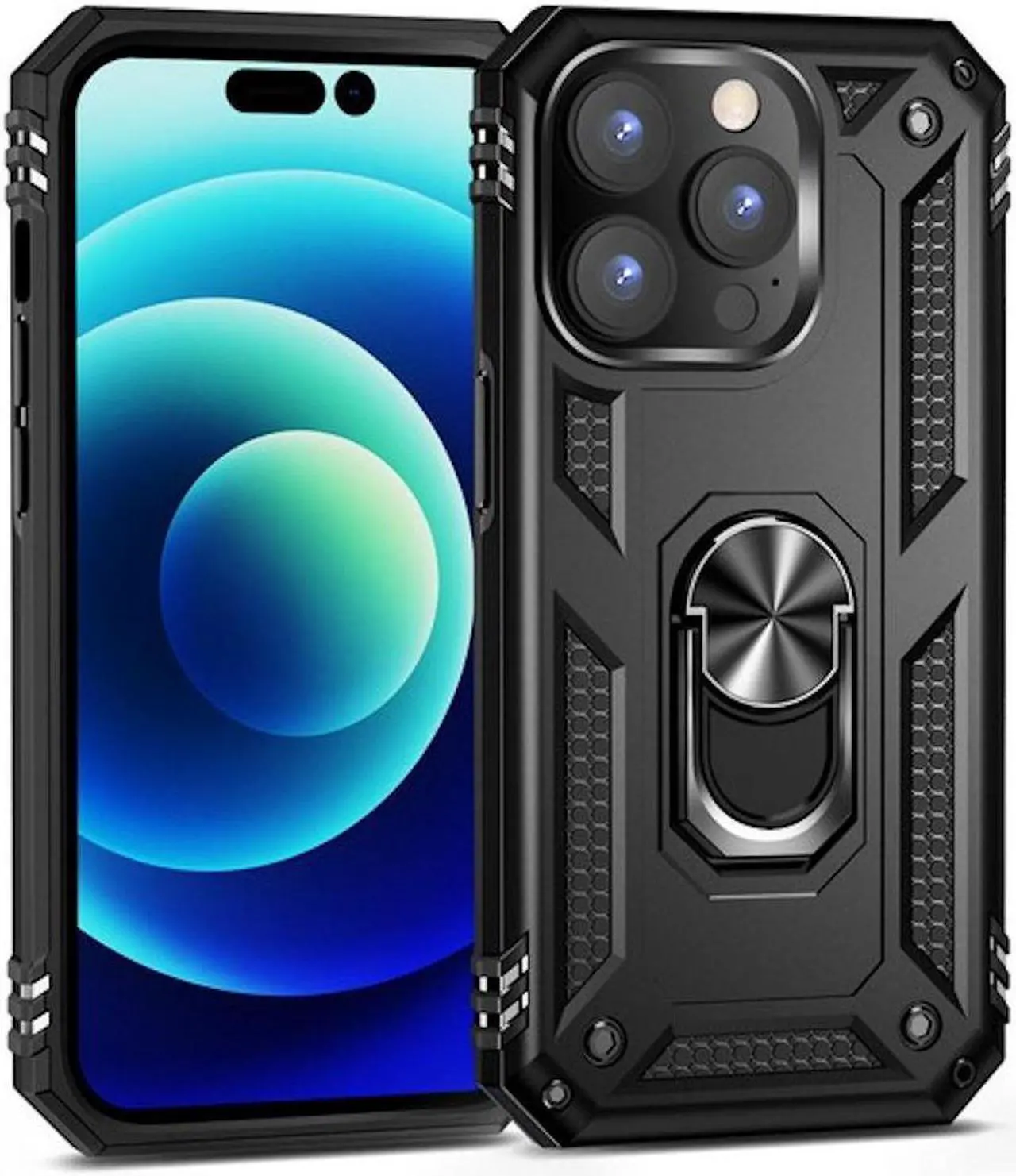 Main image of Military Grade Finger Loop Case with 360° Rotating Ring Grip Kickstand for iPhone 14 Pro - Black