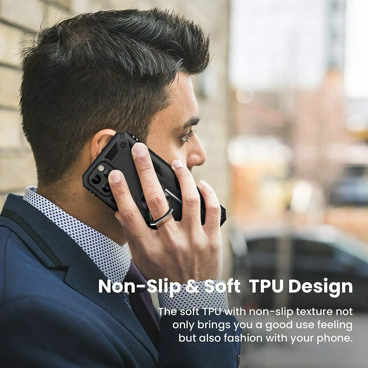 Alt view image 4 of 7 - Military Grade Finger Loop Case with 360° Rotating Ring Grip Kickstand for iPhone 14 Pro - Black