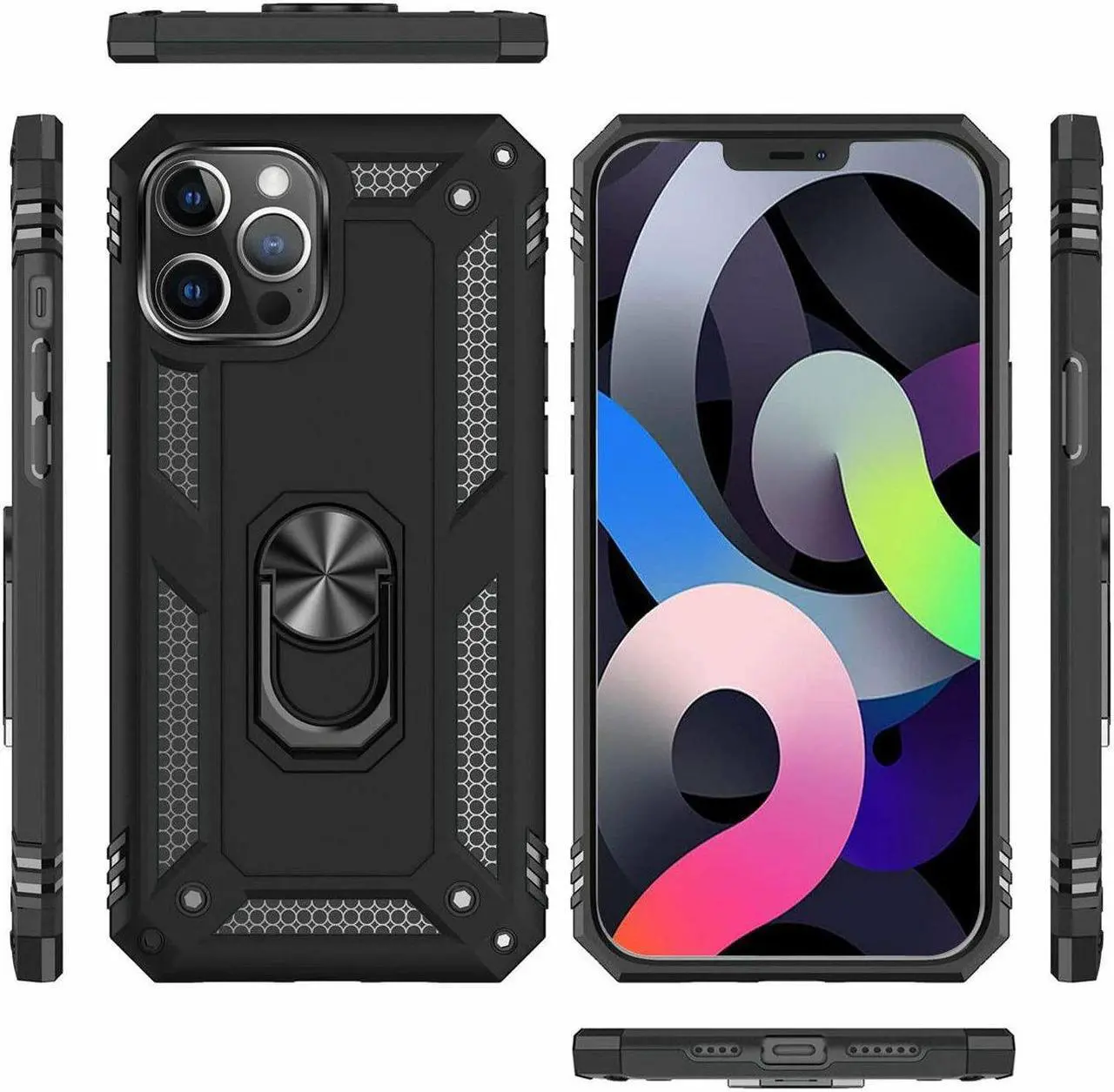 Alt view image 5 of 7 - Military Grade Finger Loop Case with 360° Rotating Ring Grip Kickstand for iPhone 14 Pro - Black