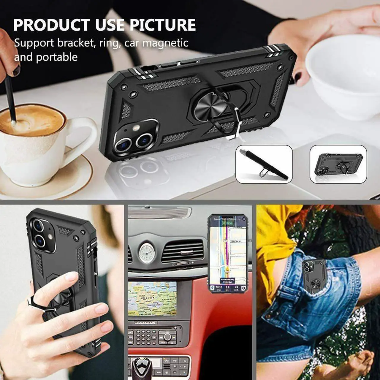 Alt view image 7 of 7 - Military Grade Finger Loop Case with 360° Rotating Ring Grip Kickstand for iPhone 14 Pro - Black