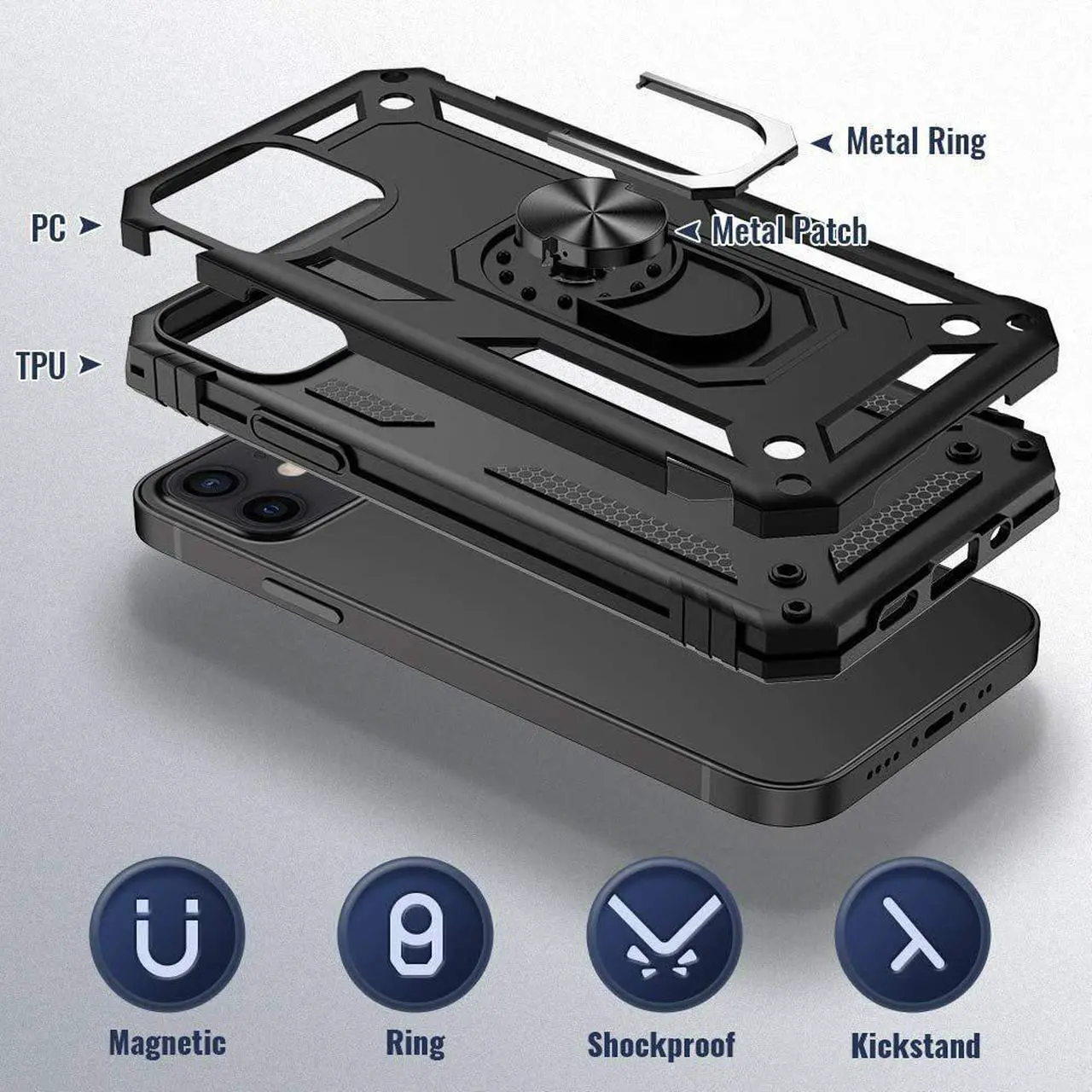 Alt view image 6 of 7 - Military Grade Finger Loop Case with 360° Rotating Ring Grip Kickstand for iPhone 14 Pro - Black
