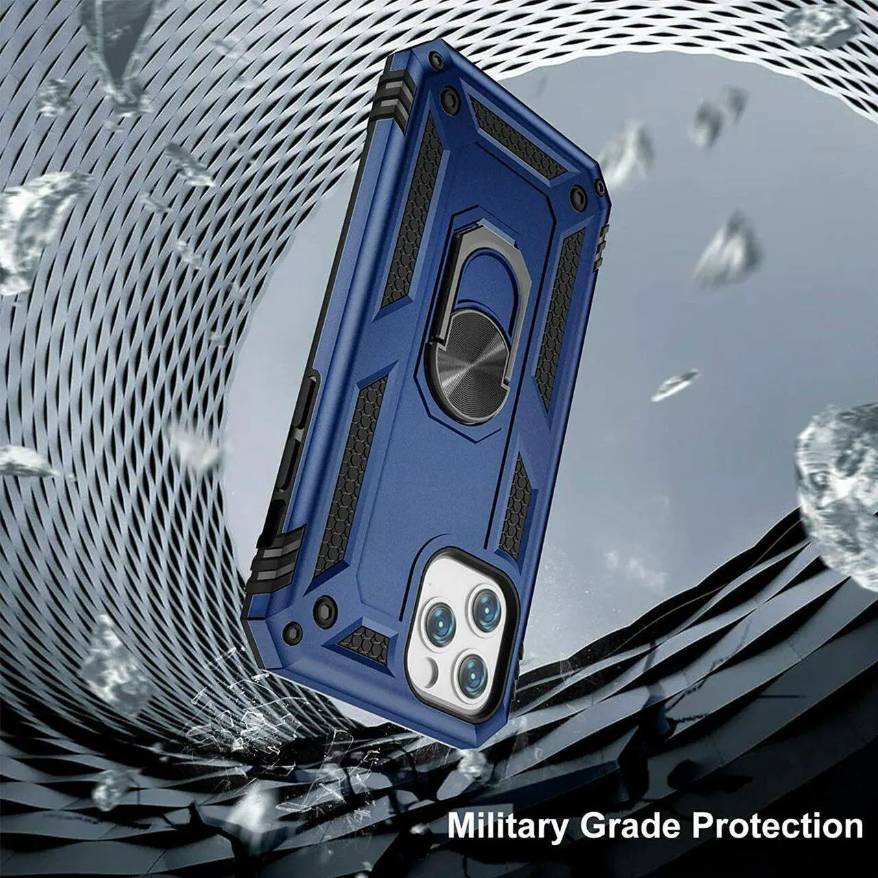 Alt view image 2 of 7 - Military Grade Finger Loop Case with 360° Rotating Ring Grip Kickstand + Tempered Glass Screen and Camera Lens Protector for iPhone 14 Pro Max - Navy Blue