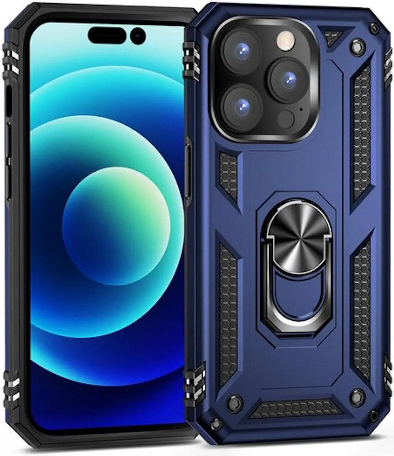 Alt view image 3 of 7 - Military Grade Finger Loop Case with 360° Rotating Ring Grip Kickstand + Tempered Glass Screen and Camera Lens Protector for iPhone 14 Pro Max - Navy Blue