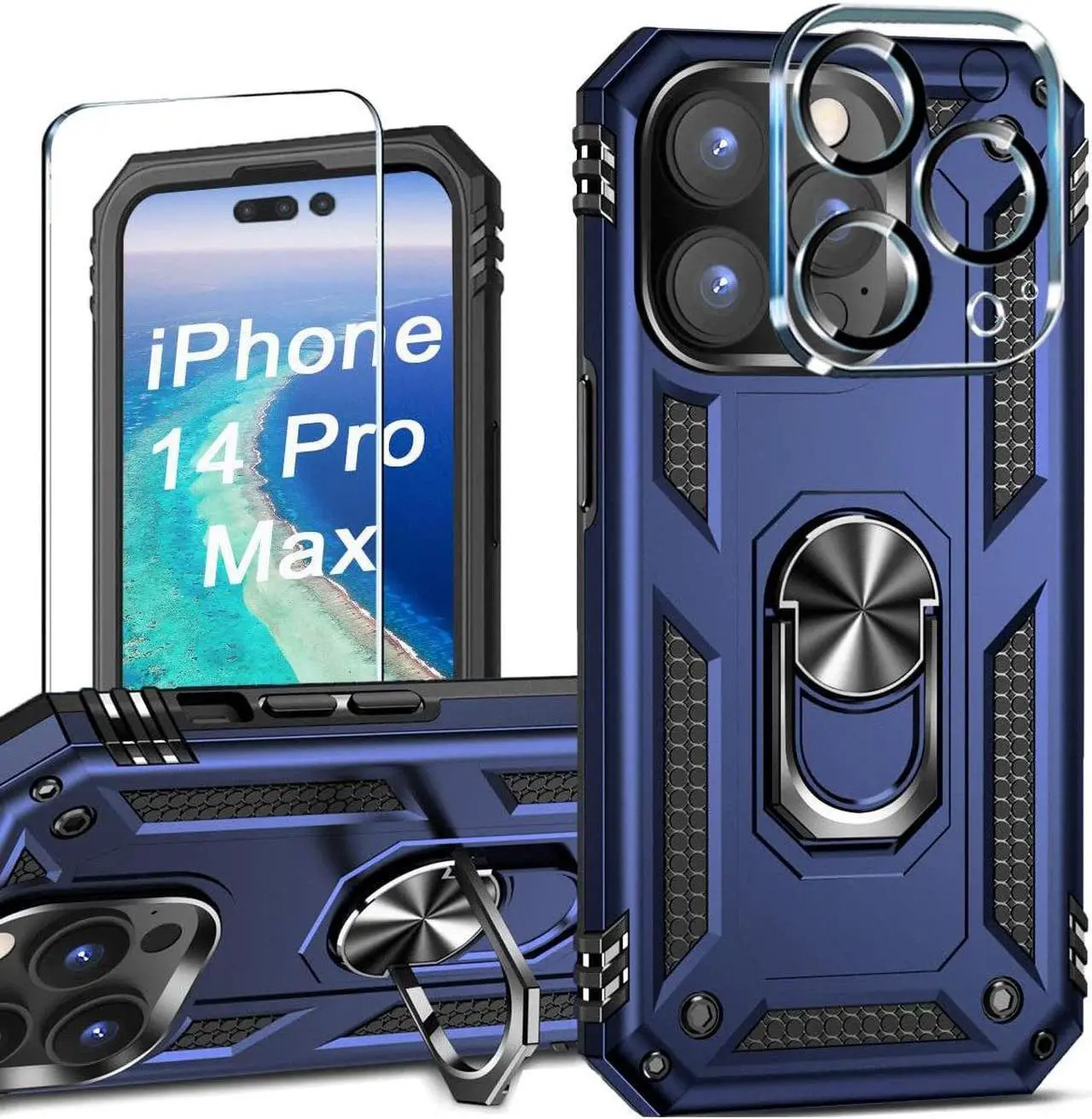 Main image of Military Grade Finger Loop Case with 360° Rotating Ring Grip Kickstand + Tempered Glass Screen and Camera Lens Protector for iPhone 14 Pro Max - Navy Blue