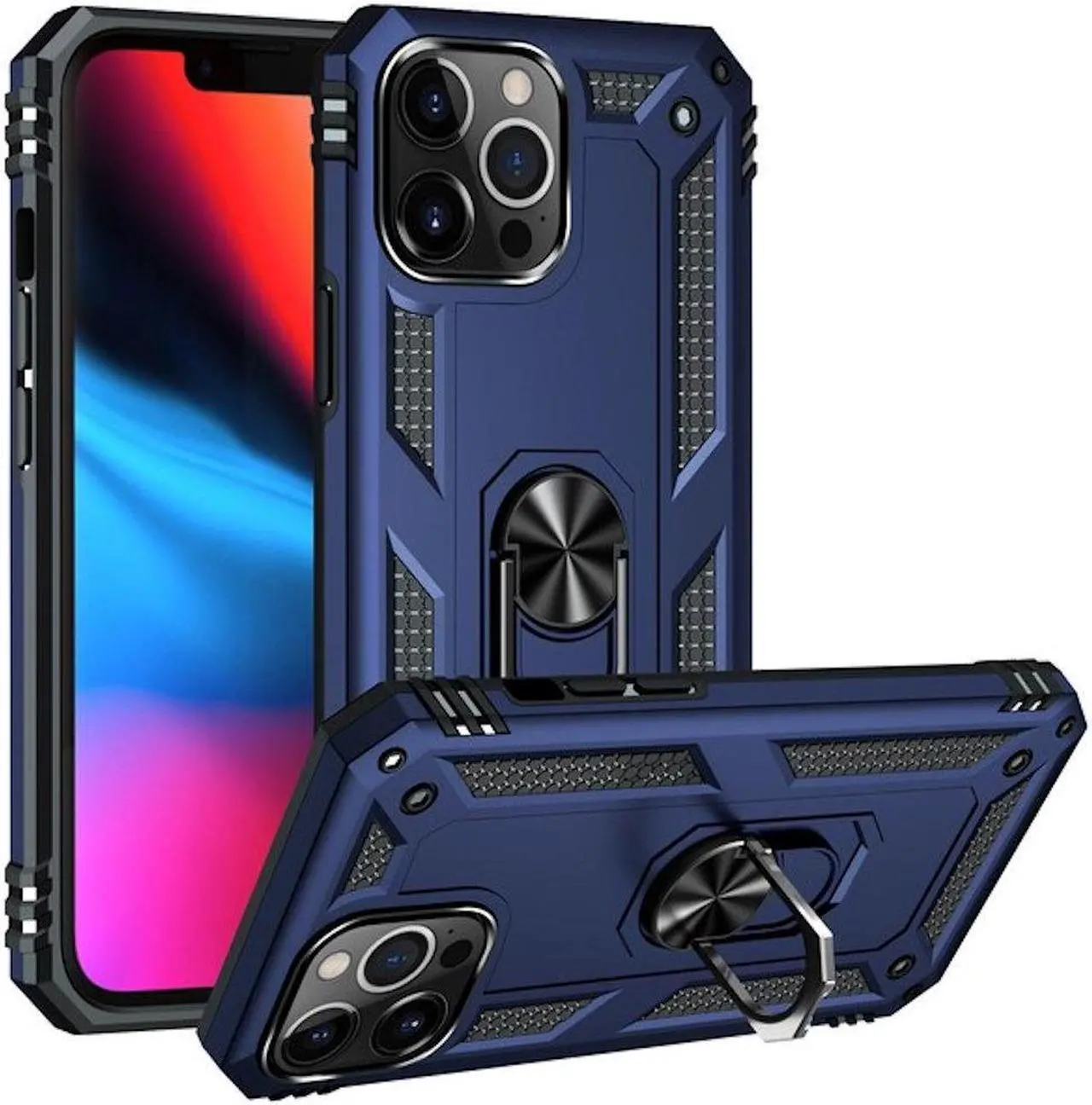 Alt view image 4 of 7 - Military Grade Finger Loop Case with 360° Rotating Ring Grip Kickstand + Tempered Glass Screen and Camera Lens Protector for iPhone 14 Pro Max - Navy Blue