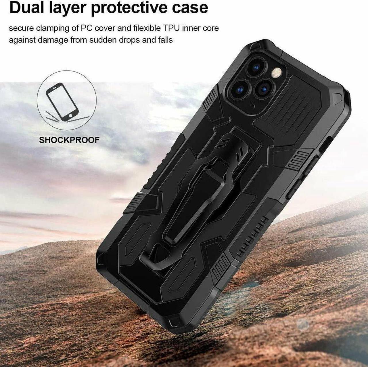 Alt view image 3 of 7 - Military Grade Hybrid Armor Case with Integrated Belt Clip and Kickstand for iPhone 14 - Black