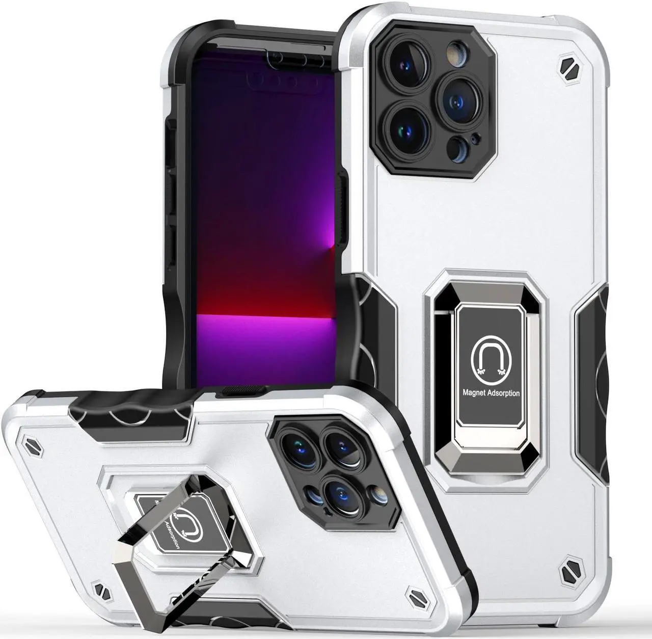 Main image of Military Grade Shockproof Hybrid Armor Case with Ring Holder for iPhone 13 Pro Max - Silver