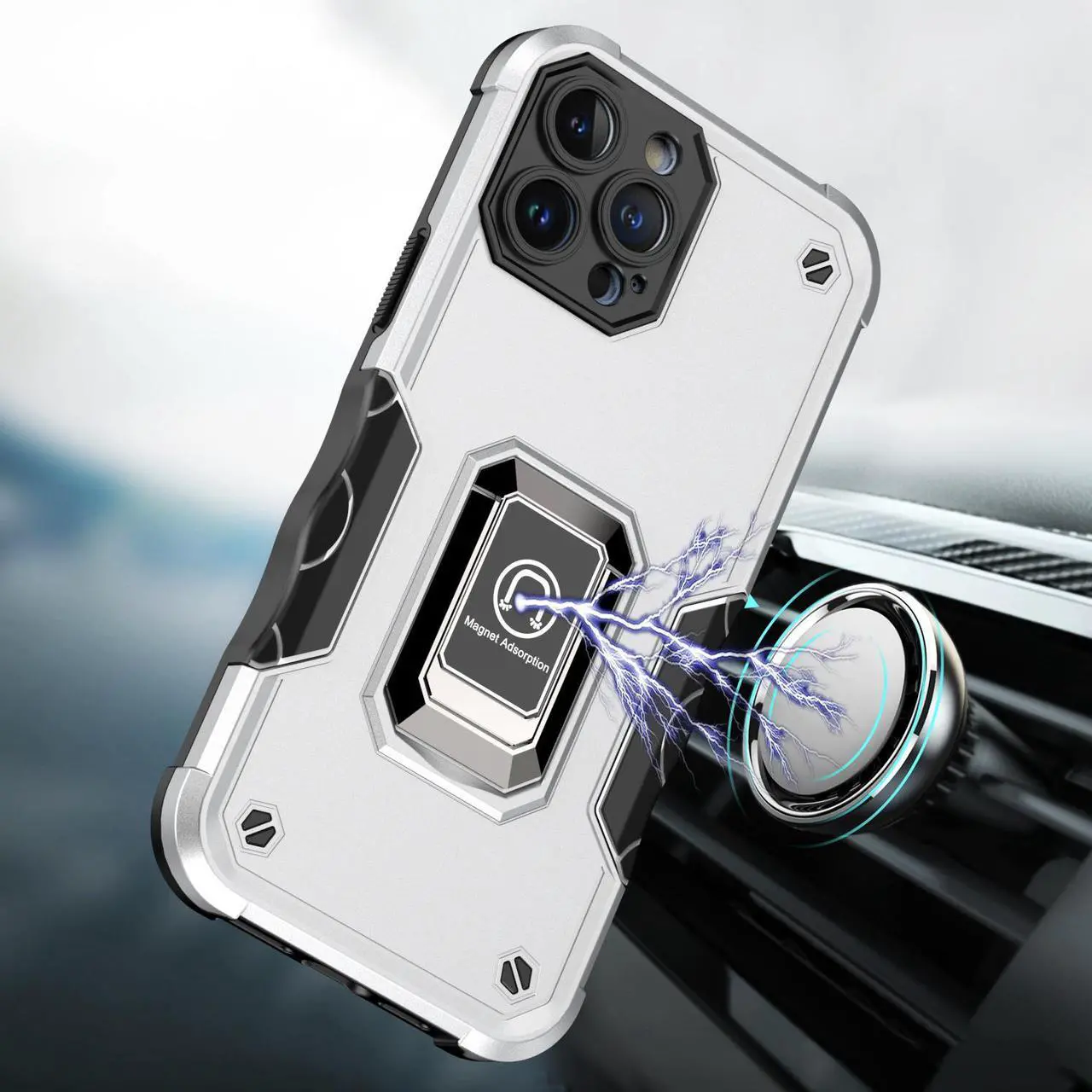 Alt view image 5 of 5 - Military Grade Shockproof Hybrid Armor Case with Ring Holder for iPhone 13 Pro Max - Silver
