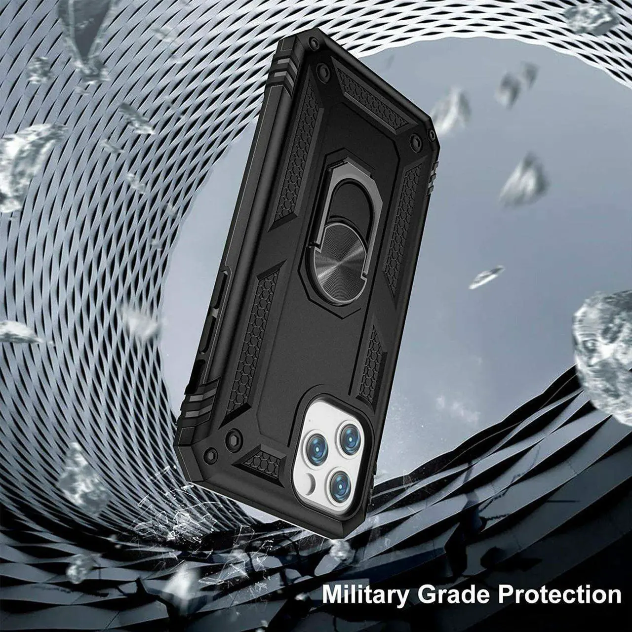 Alt view image 3 of 7 - Military Grade Finger Loop Case with 360° Rotating Ring Grip Kickstand for iPhone 14 Pro - Black
