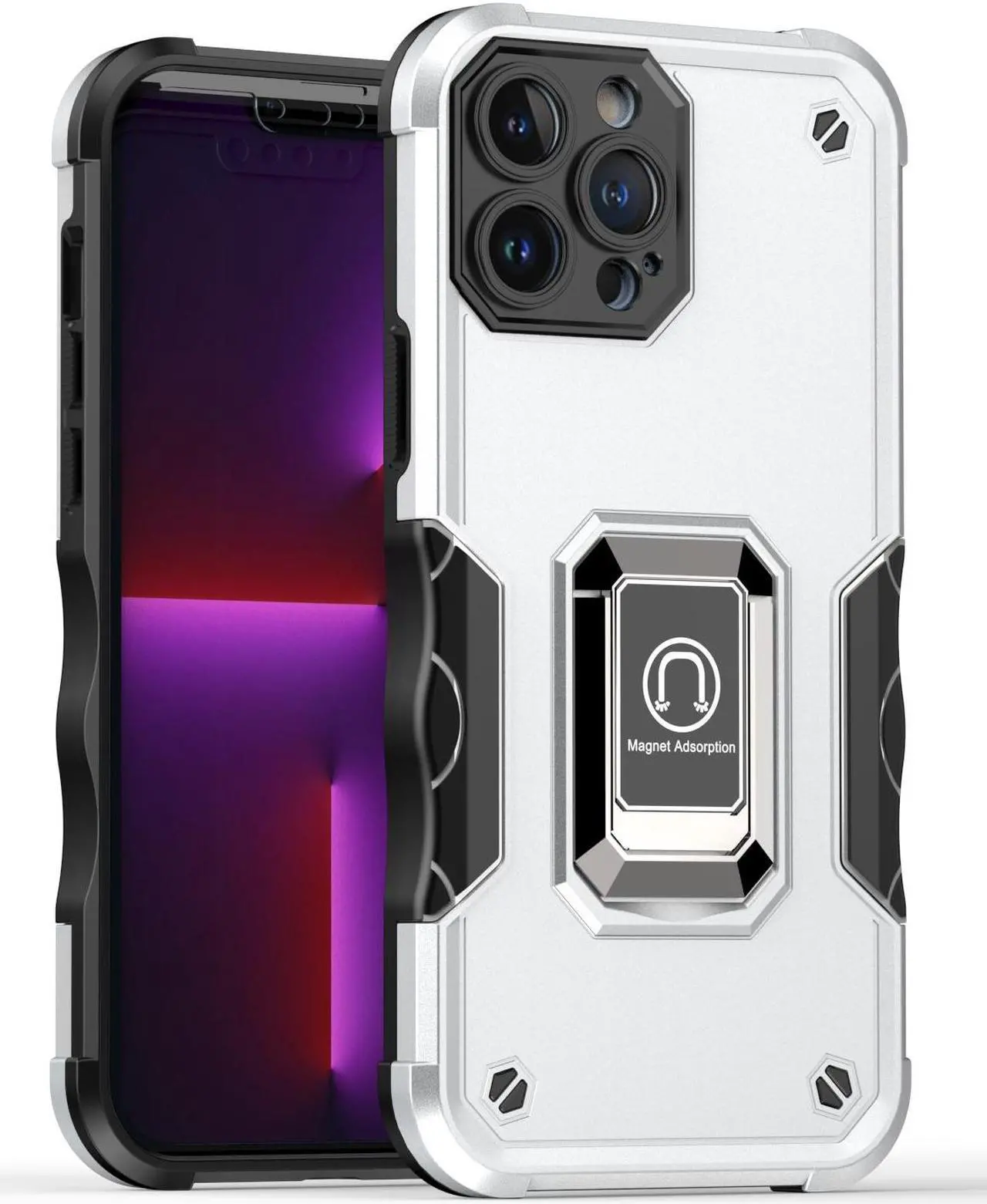 Alt view image 4 of 5 - Military Grade Shockproof Hybrid Armor Case with Ring Holder for iPhone 13 Pro Max - Silver