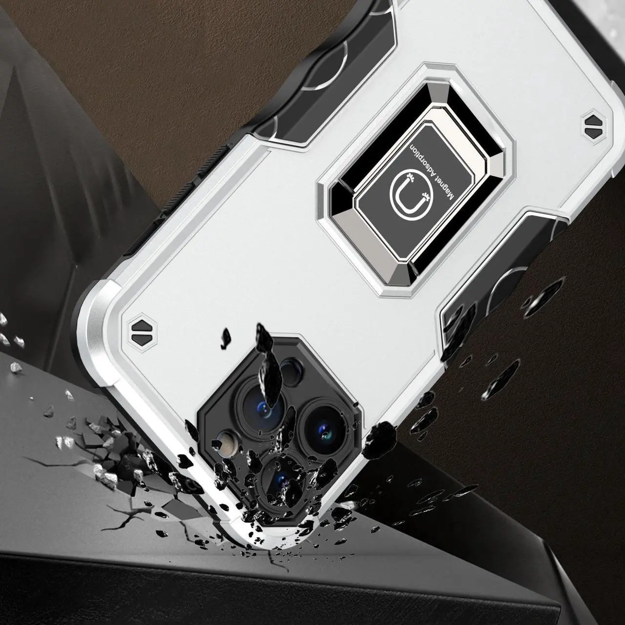 Alt view image 2 of 5 - Military Grade Shockproof Hybrid Armor Case with Ring Holder for iPhone 13 Pro Max - Silver