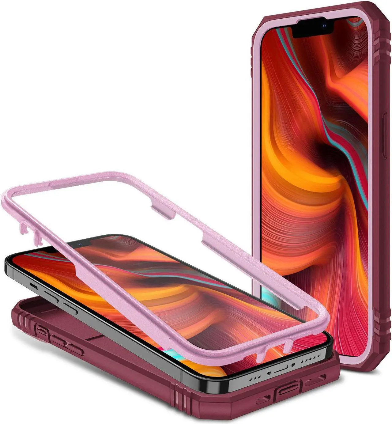 Alt view image 6 of 7 - Military Grade Certified Ring Grip Case with Camera Lens Cover for iPhone 14 - Pink Burgundy