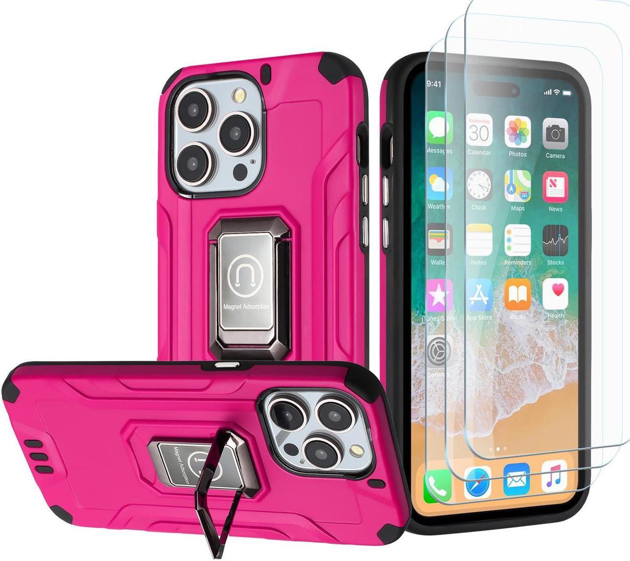 Main image of Tough Metallic Hybrid Case with Ring Grip and 3-Pack Tempered Glass Screen Protectors for iPhone 15 - Hot Pink