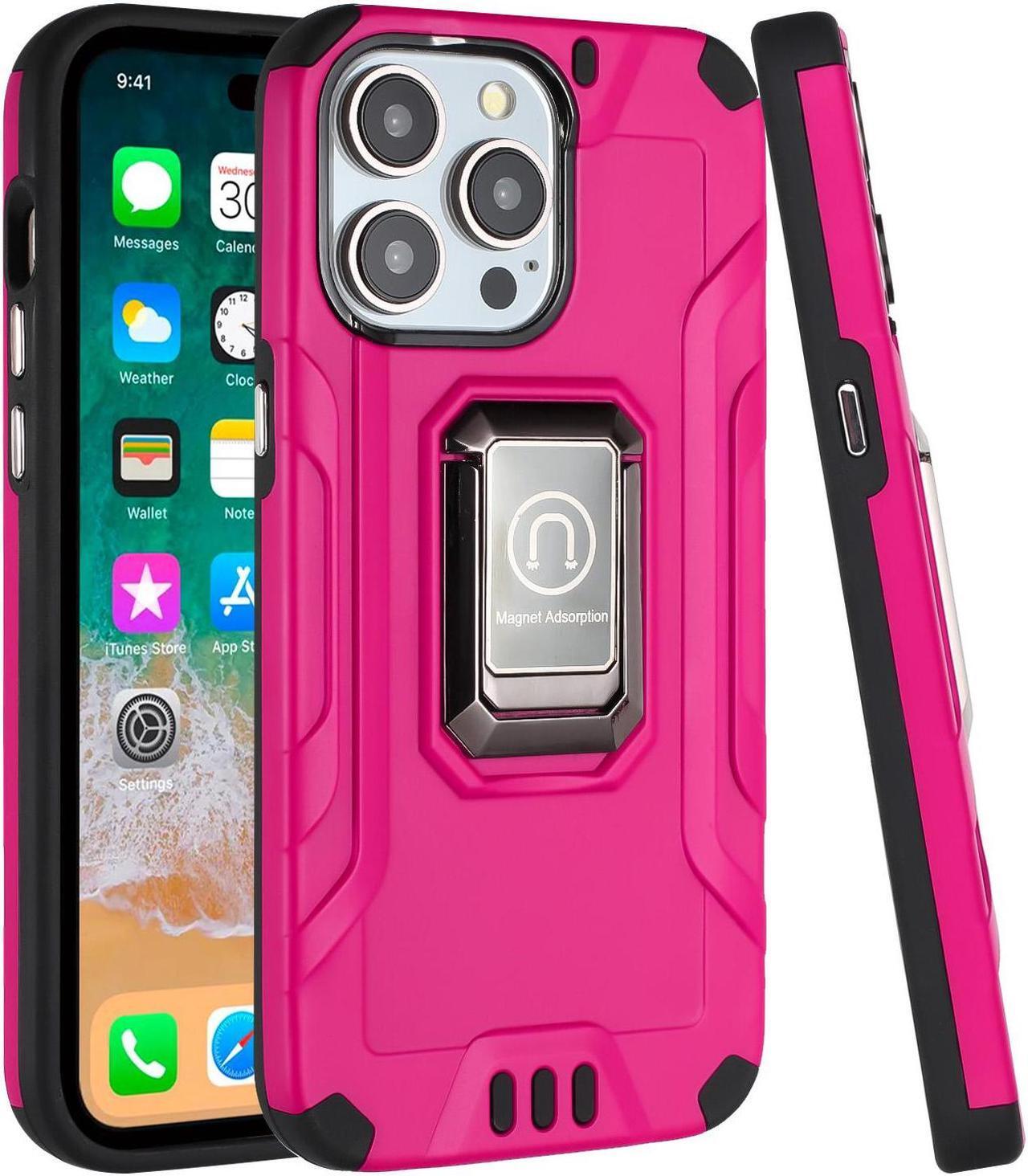 Alt view image 2 of 7 - Tough Metallic Hybrid Case with Ring Grip and 3-Pack Tempered Glass Screen Protectors for iPhone 15 - Hot Pink
