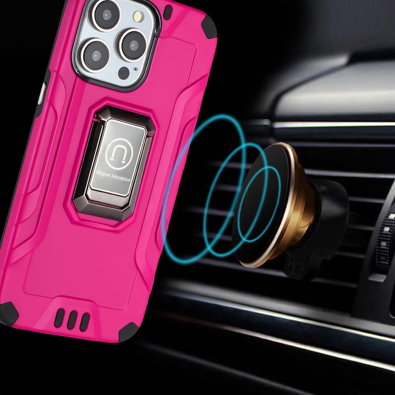 Alt view image 3 of 7 - Tough Metallic Hybrid Case with Ring Grip and 3-Pack Tempered Glass Screen Protectors for iPhone 15 - Hot Pink