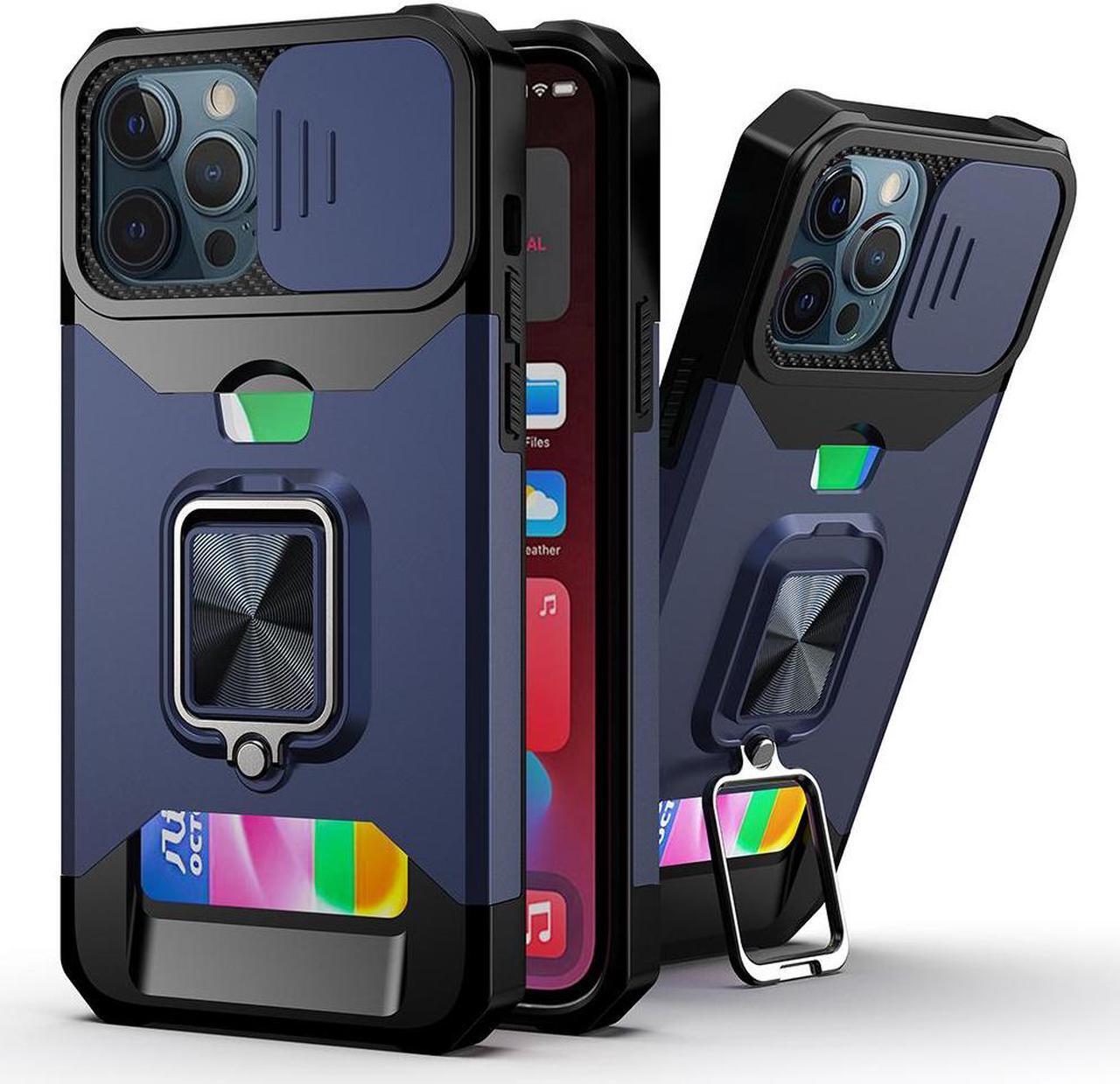 Alt view image 4 of 7 - Military Grade All-In-One Ring Stand Card Case for iPhone 15 Pro Max - Navy Blue