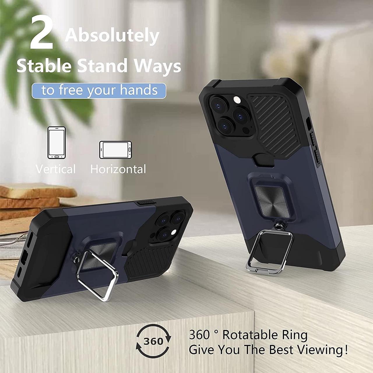 Alt view image 5 of 7 - Military Grade All-In-One Ring Stand Card Case for iPhone 15 Pro Max - Navy Blue