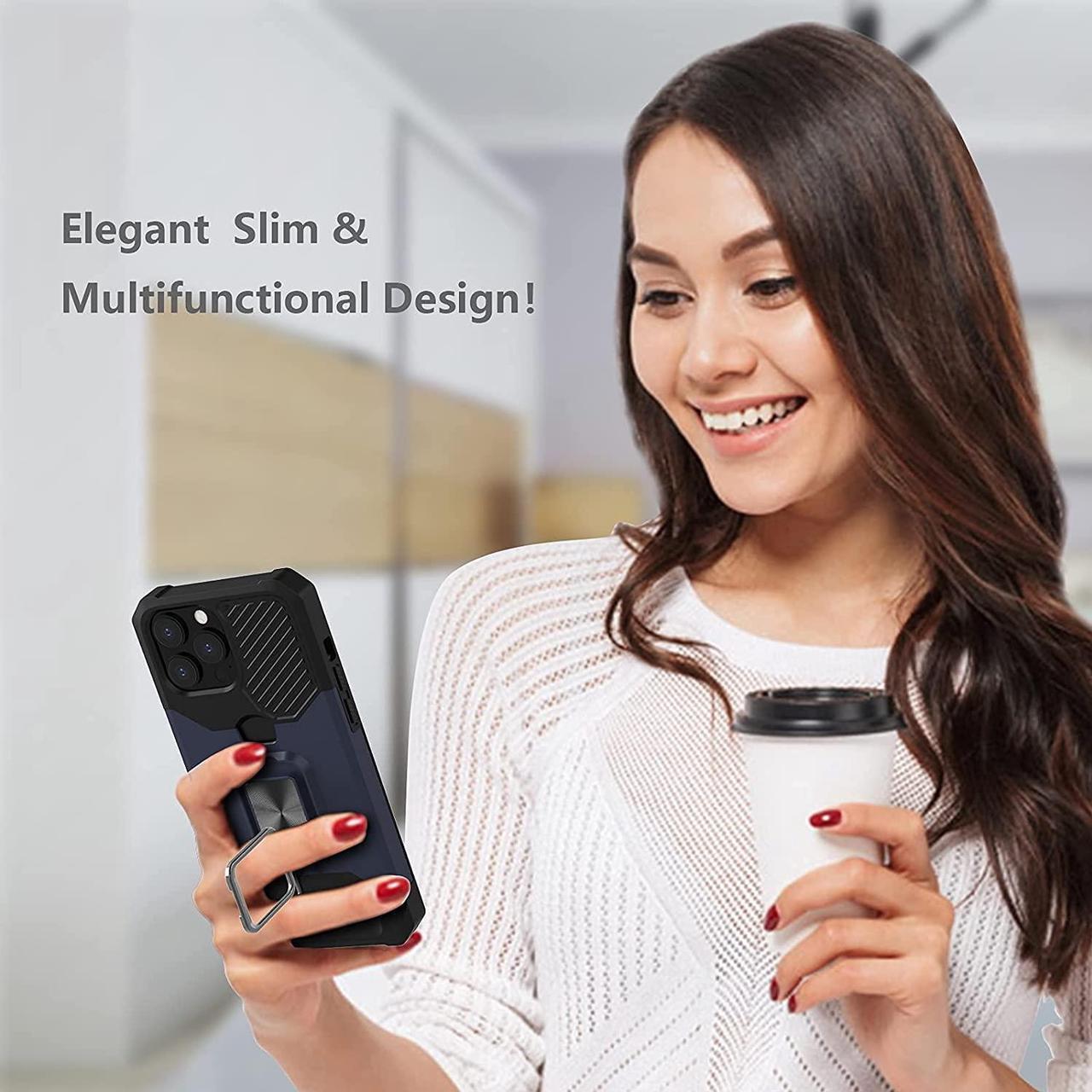Alt view image 6 of 7 - Military Grade All-In-One Ring Stand Card Case for iPhone 15 Pro Max - Navy Blue