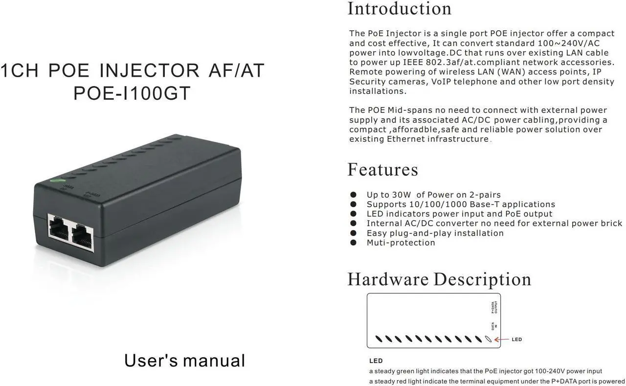 Alt view image 2 of 3 - LTS POE-I100GT Single Port Gigabit POE Injector 10/100/1000Mbps 30W 802.3af/at