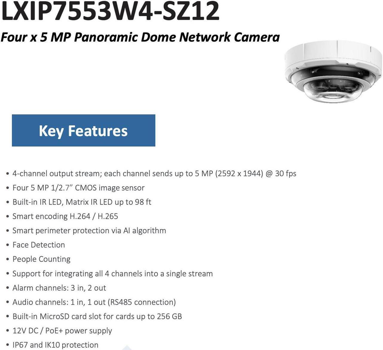 Alt view image 4 of 6 - LTS LXIP7553W4-SZ12 PRO-X IP 4x5MP 2.8-12mm People Counting Panoramic Ai Dome NDAA Camera