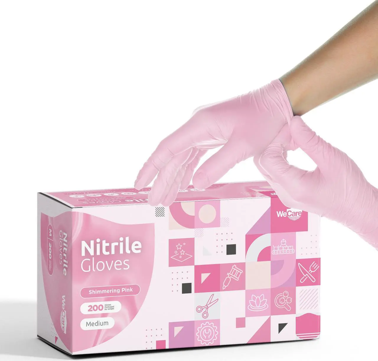 Main image of WeCare Nitrile Latex Free & Powder Free Disposable Gloves - Shimmering Pink - Box of 200 Gloves (Medium)
