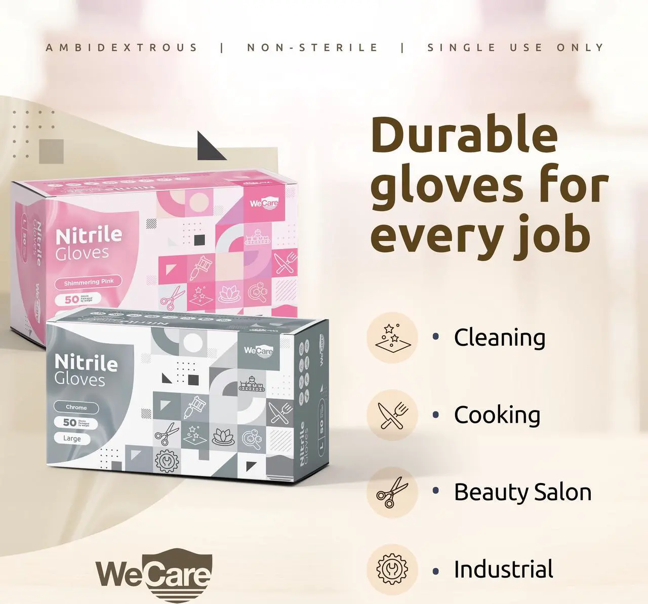 Alt view image 6 of 6 - WeCare Nitrile Latex Free & Powder Free Disposable Gloves - Shimmering Pink - Box of 200 Gloves (Medium)