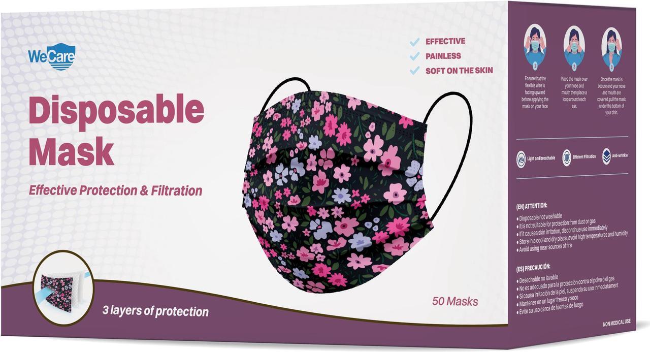 Alt view image 3 of 5 - WeCare Protective Face Masks, Box of 50 (each Individually-Wrapped) - Flower Print
