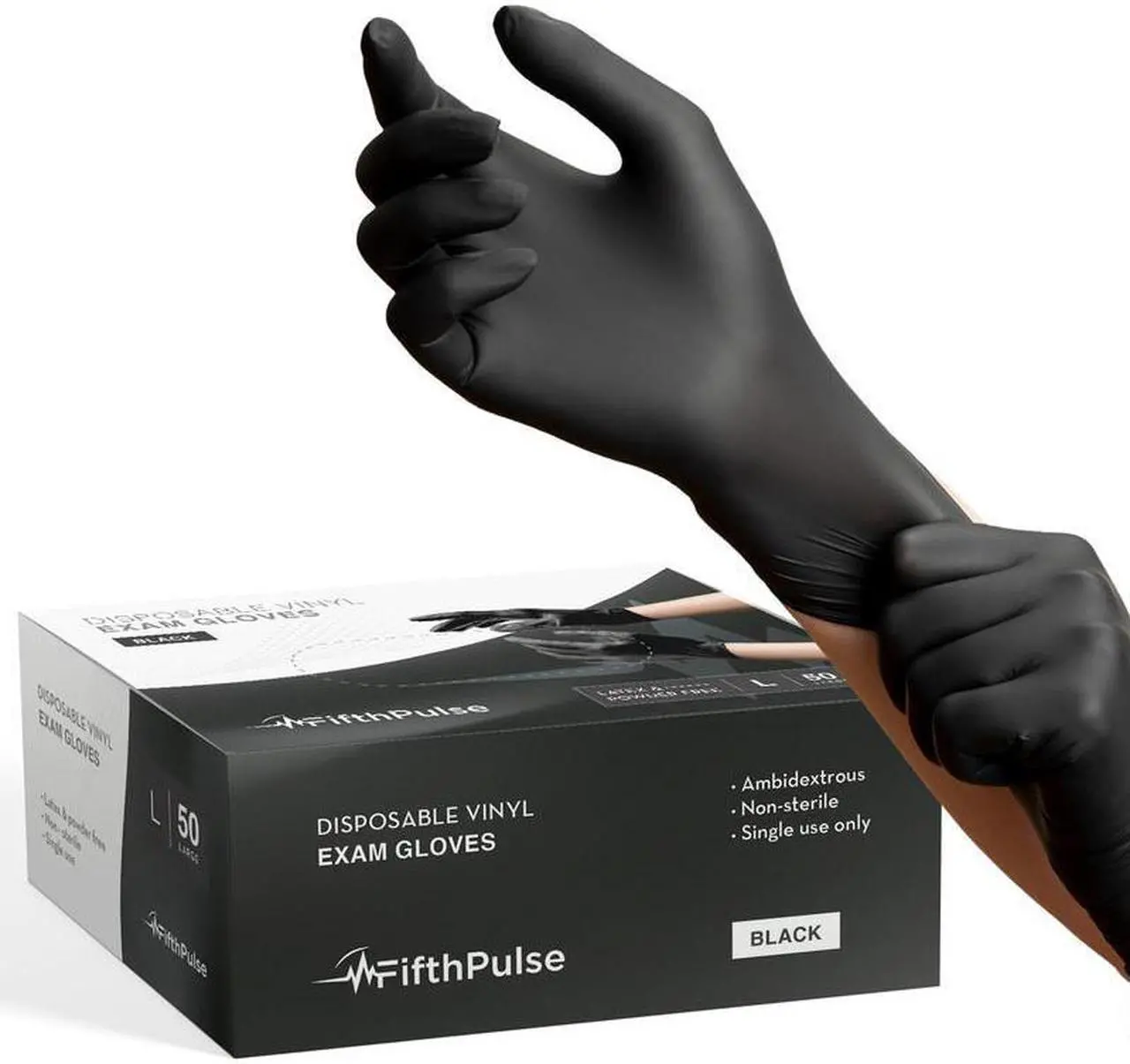 Main image of Fifth Pulse Vinyl Exam Latex Free & Powder Free Gloves - Black - Box of 50 Gloves (Large) Black 50pcs X - Large