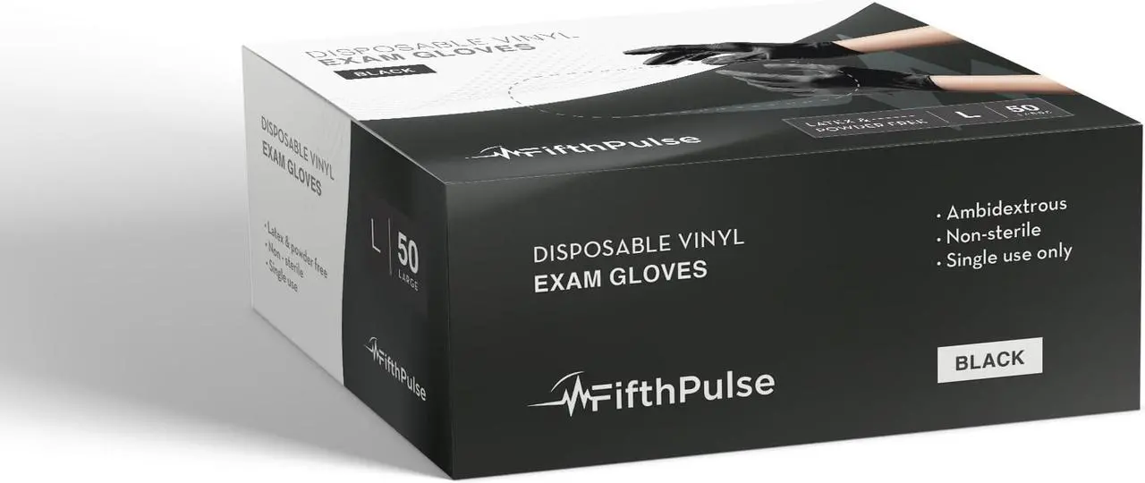 Alt view image 2 of 6 - Fifth Pulse Vinyl Exam Latex Free & Powder Free Gloves - Black - Box of 50 Gloves (Large) Black 50pcs X - Large